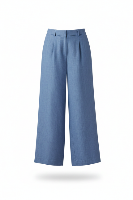 Pantalon En Lin Ample Bleu Taille Haute Fluide - vue 3