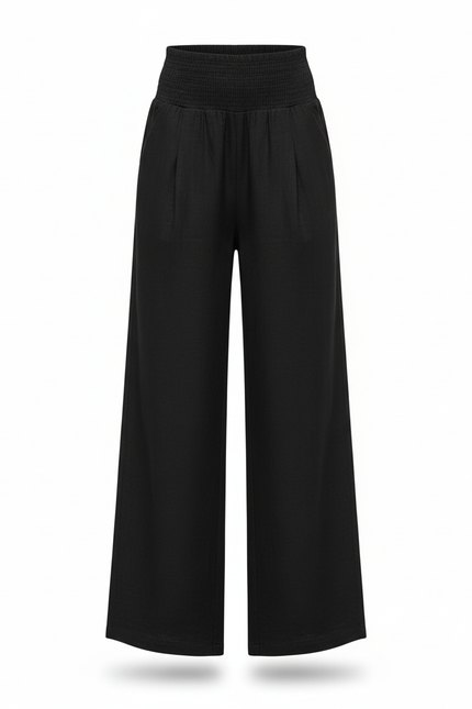 Pantalon En Lin Noir Ample Élastiqué Confortable Fille - vue 3