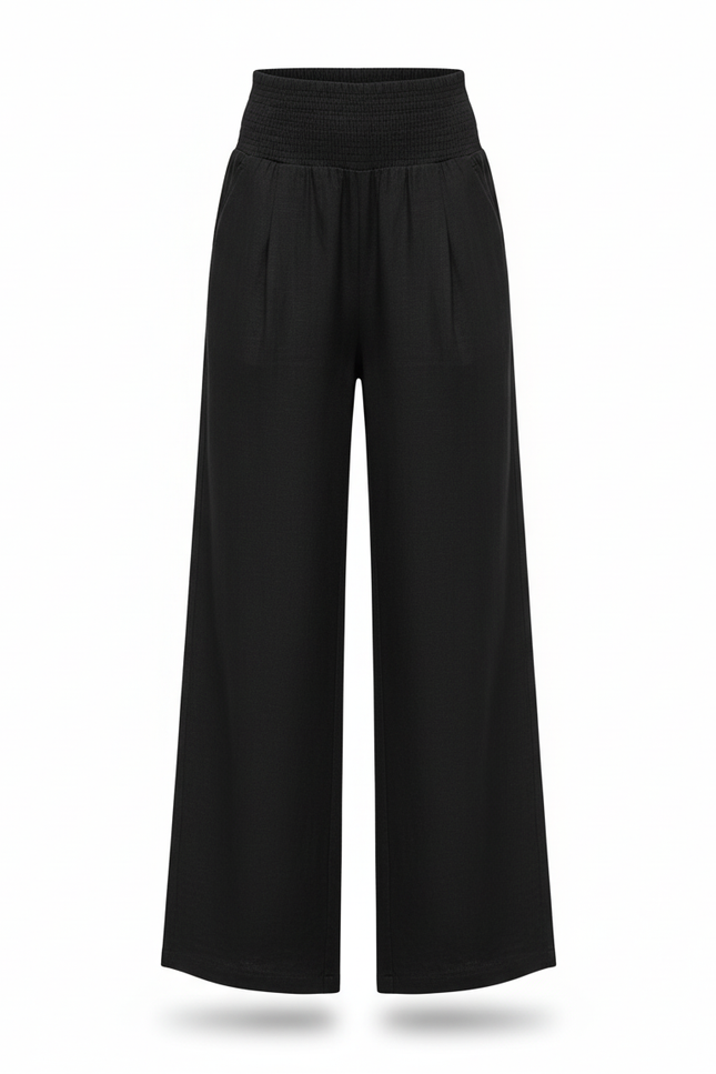 Pantalon En Lin Noir Ample Élastiqué Confortable Fille - vue 3