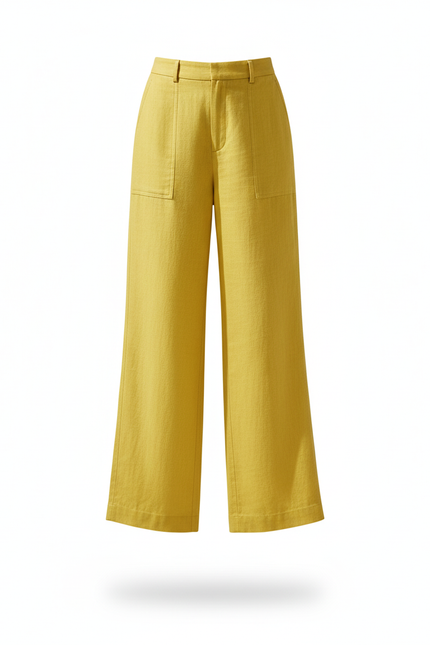 Pantalon En Lin Jaune Ample Taille Haute Fluide Décontracté - vue 3