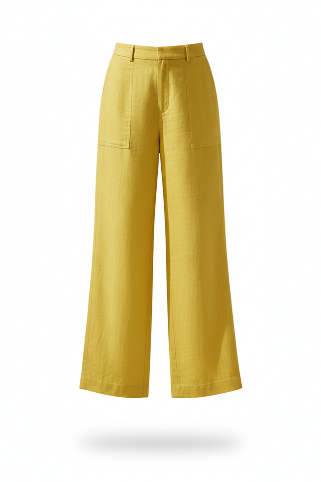Pantalon En Lin Jaune Ample Taille Haute Fluide Décontracté - vue 3