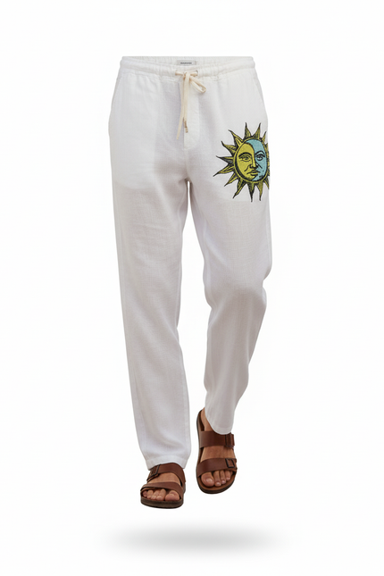 Pantalon En Lin Blanc Imprimé Soleil Décontracté Homme - vue 3