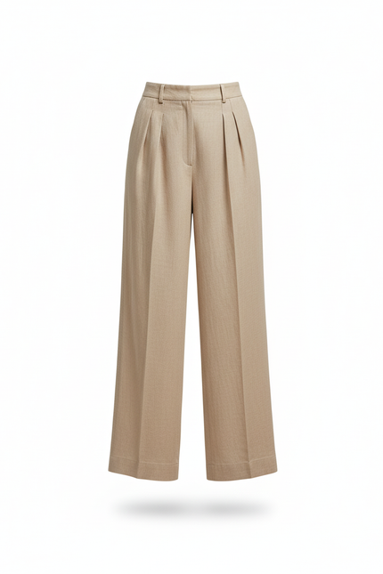 Pantalon En Lin Beige Ample Plissé Décontracté - vue 3