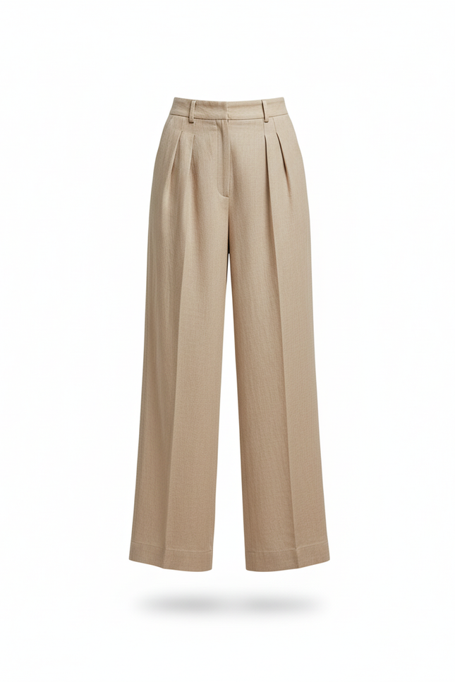 Pantalon En Lin Beige Ample Plissé Décontracté - vue 3