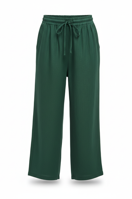 Pantalon En Lin Vert Ample Taille Élastique Fluide Décontracté - vue 3