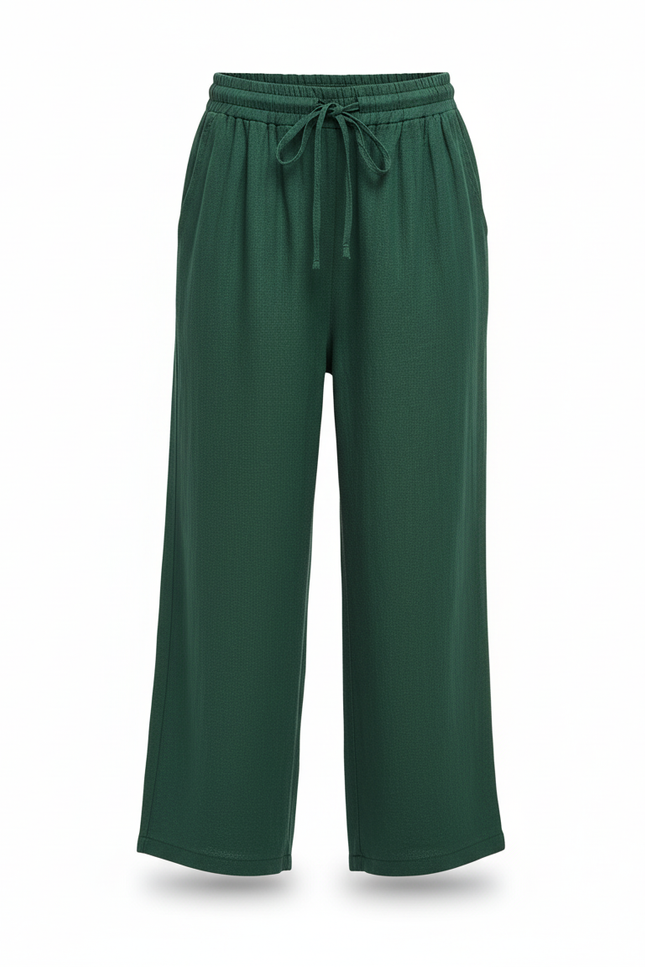 Pantalon En Lin Vert Ample Taille Élastique Fluide Décontracté - vue 3