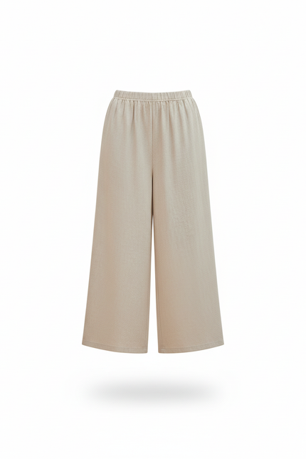 Pantalon En Lin Beige Ample Taille Élastique Femme - vue 3