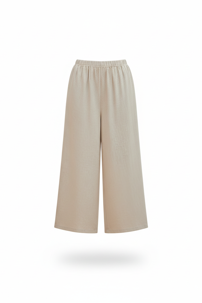 Pantalon En Lin Beige Ample Taille Élastique Femme - vue 3