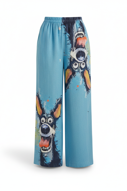 Pantalon En Lin Ample Imprimé Chien Décontracté Femme - Bleu - vue 3
