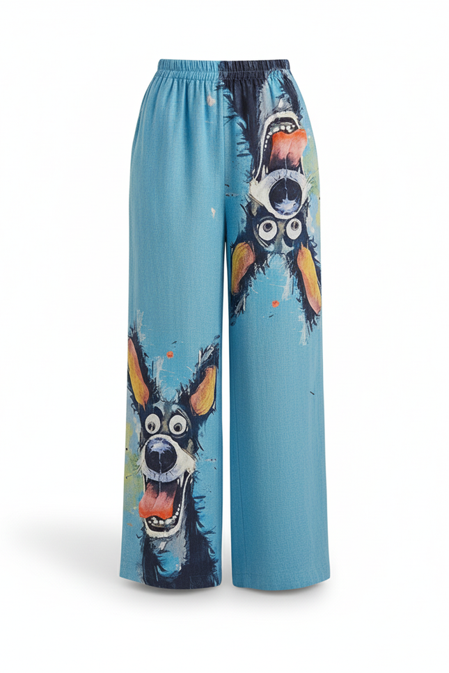 Pantalon En Lin Ample Imprimé Chien Décontracté Femme - Bleu - vue 3