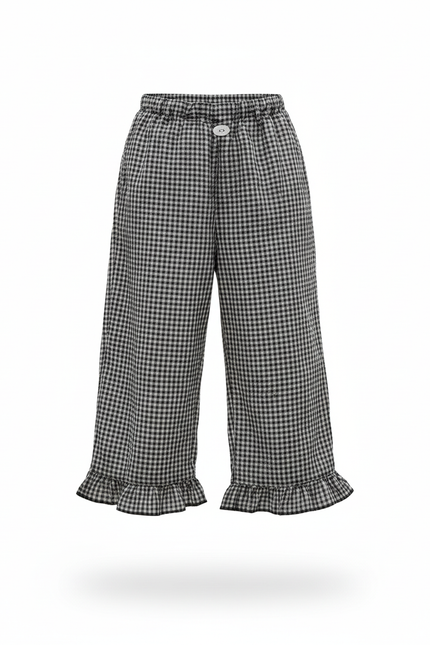 Pantalon En Lin Carreaux Noir Fille Volants Ample - vue 3
