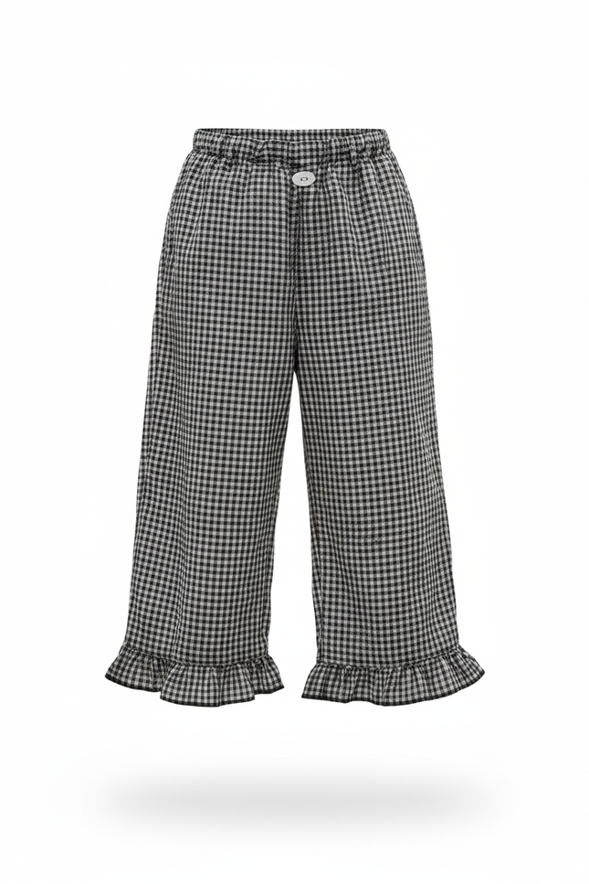 Pantalon En Lin Carreaux Noir Fille Volants Ample - vue 3