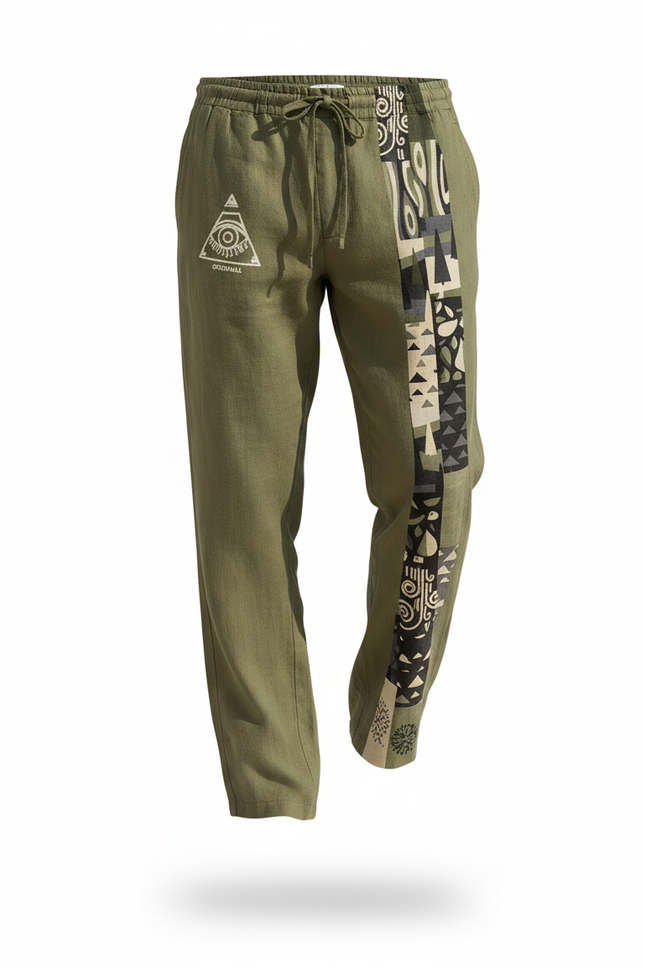 Pantalon En Lin Kaki Œil Mystique Tribal Homme Décontracté - vue 3
