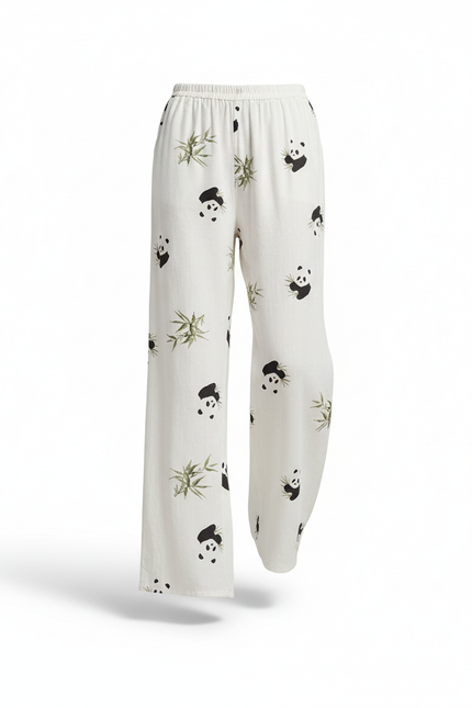 Pantalon En Lin Blanc Imprimé Panda Ample Fluide - vue 3