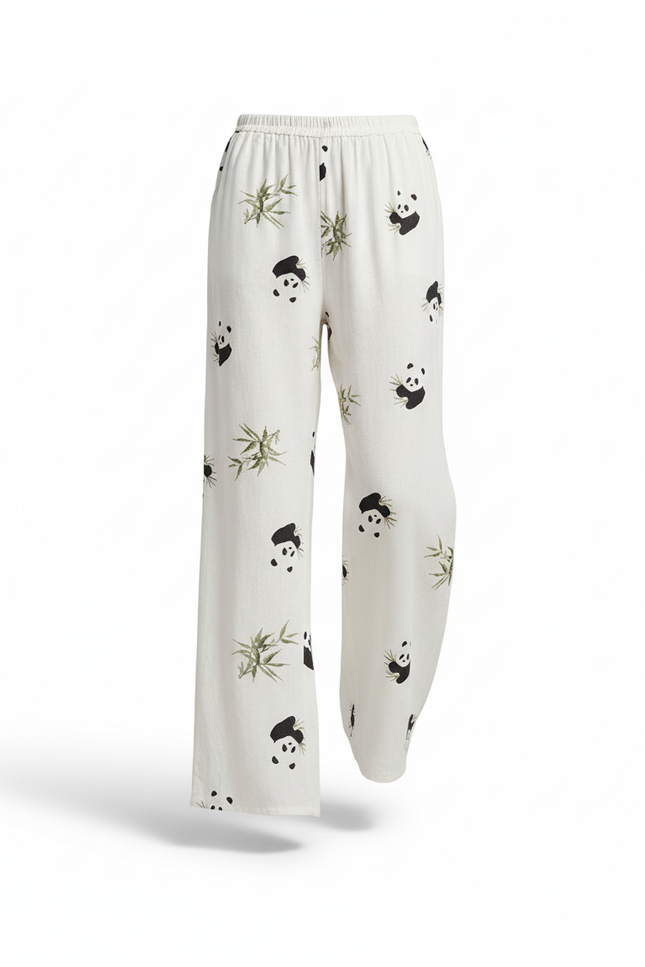 Pantalon En Lin Blanc Imprimé Panda Ample Fluide - vue 3