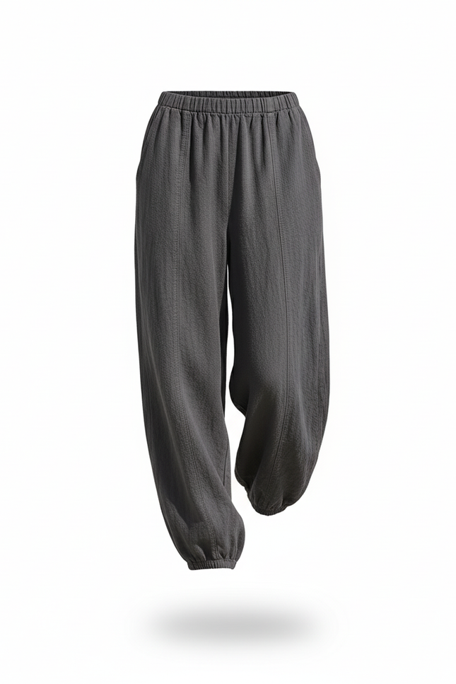 Pantalon En Lin Gris Ample Fluide Élastique Confortable - vue 3