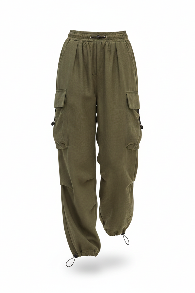 Pantalon En Lin Cargo Vert Ample Décontracté Femme - Kaki - vue 3