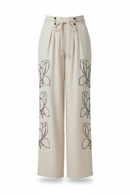Pantalon En Lin Beige Brodé Ample Fluide Décontracté - vue 3