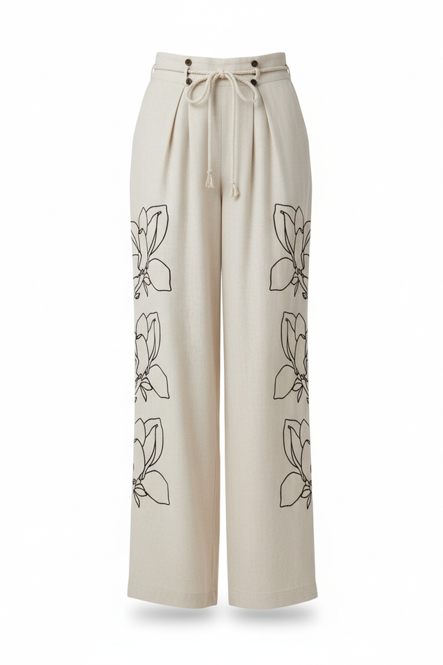 Pantalon En Lin Beige Brodé Ample Fluide Décontracté - vue 3