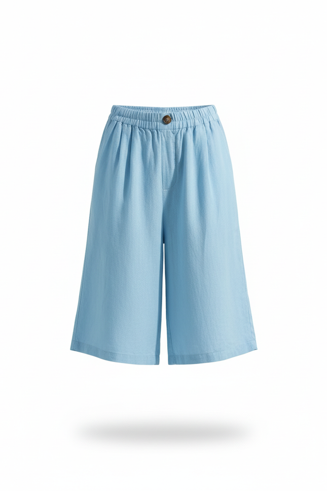 Pantalon En Lin Bleu Ample Taille Élastique Décontracté Femme - vue 3