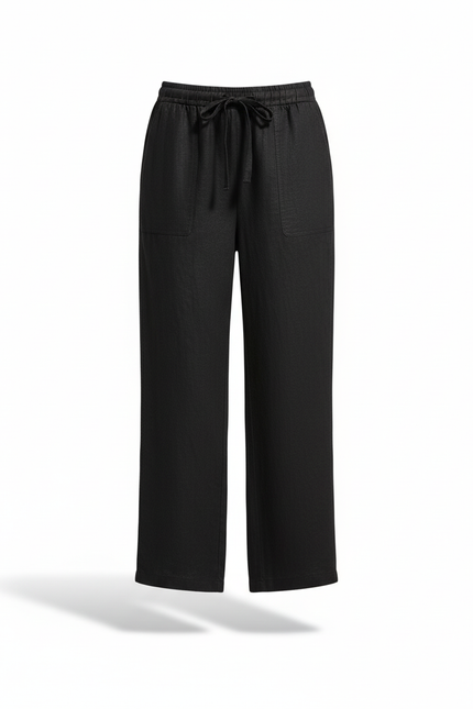 Pantalon En Lin Noir Ample Taille Élastique Fluide - vue 3