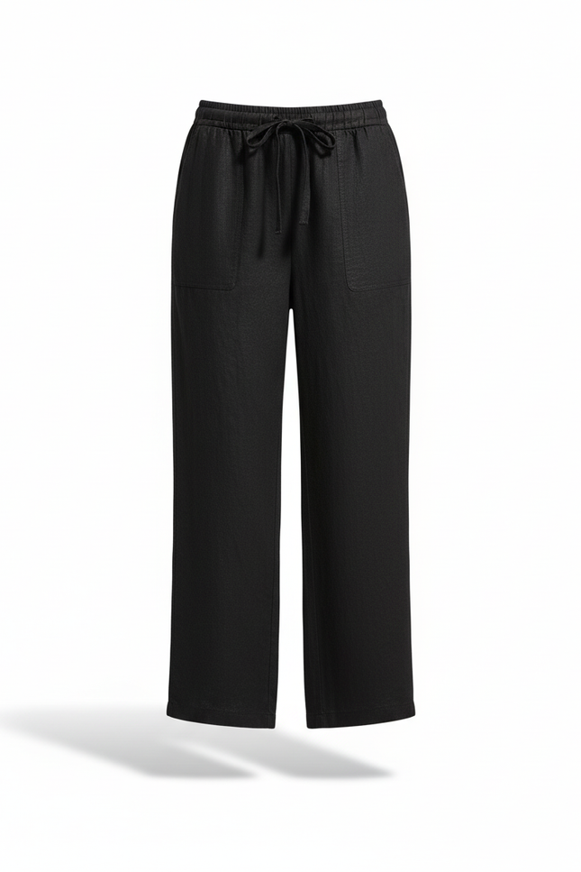 Pantalon En Lin Noir Ample Taille Élastique Fluide - vue 3
