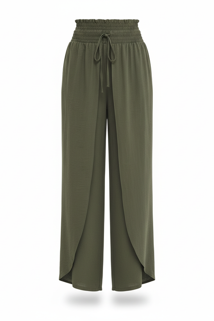 Pantalon En Lin Vert Ample Fluide Taille Haute - Kaki - vue 3