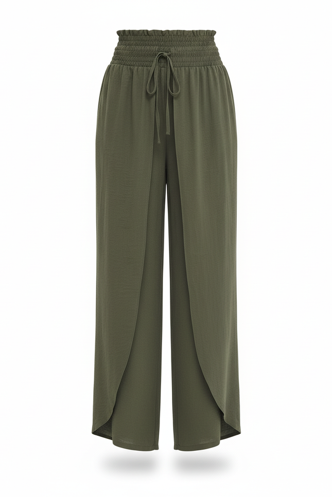 Pantalon En Lin Vert Ample Fluide Taille Haute - Kaki - vue 3