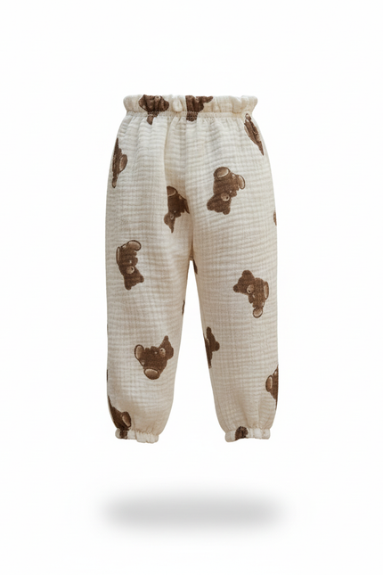 Pantalon En Lin Enfant Ample Blanc Motif Oursons - vue 3