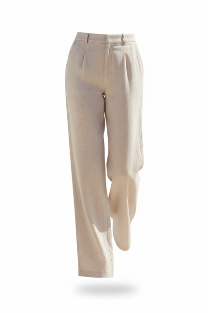 Pantalon En Lin Beige Ample Taille Haute Élégant - vue 3