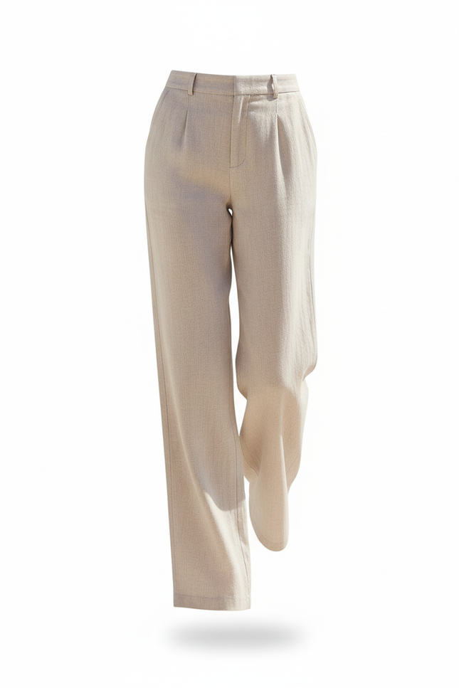Pantalon En Lin Beige Ample Taille Haute Élégant - vue 3