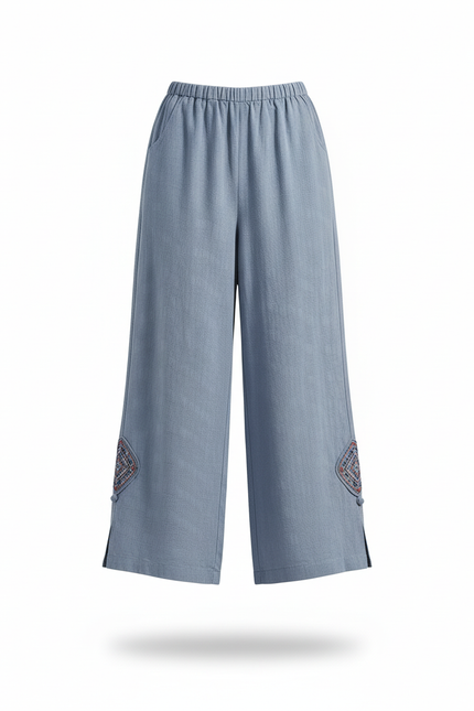 Pantalon En Lin Bleu Ample Brodé Fendu Décontracté - vue 3