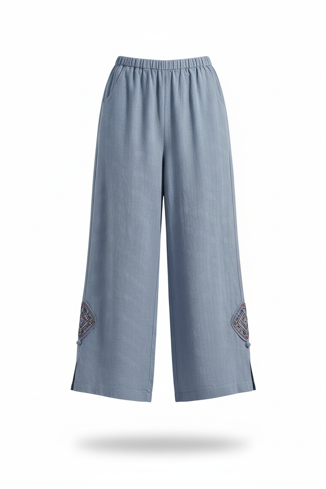 Pantalon En Lin Bleu Ample Brodé Fendu Décontracté - vue 3