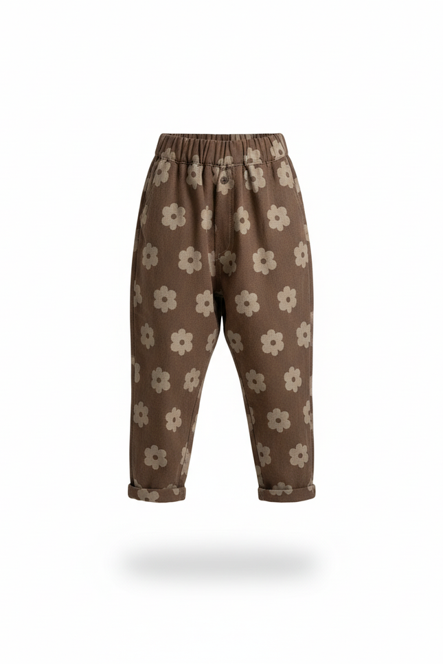 Pantalon En Lin Marron Imprimé Floral Ample Décontracté Enfant - vue 3