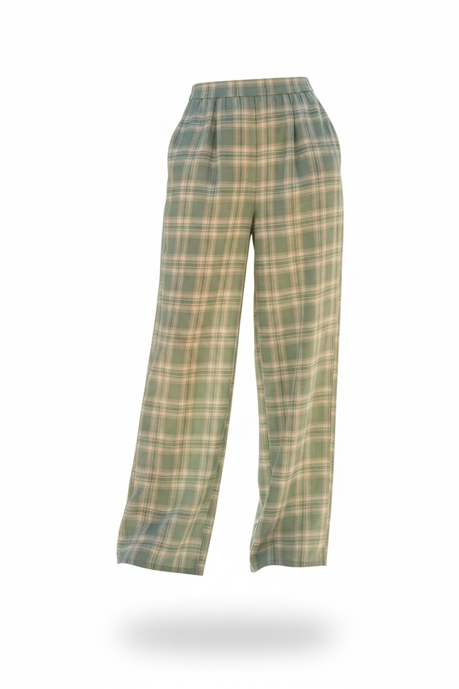 Pantalon En Lin Plaid Vert Ample Décontracté Femme - vue 3