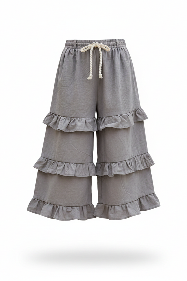 Pantalon En Lin Gris Volants Fille Confortable - vue 3