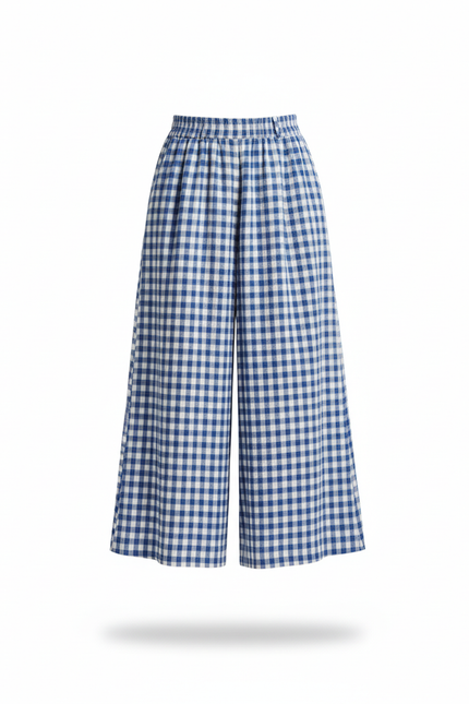 Pantalon En Lin Carreaux Bleu Ample Femme - Imprimé - vue 3