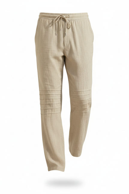Pantalon En Lin Homme Beige Ample Décontracté Cordon - vue 3