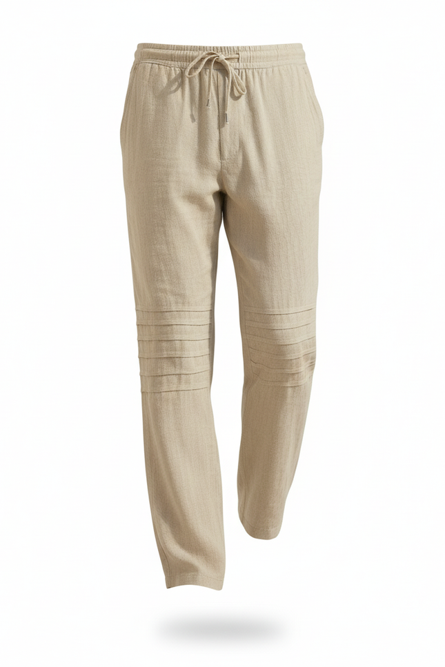Pantalon En Lin Homme Beige Ample Décontracté Cordon - vue 3