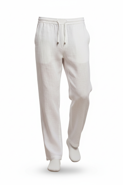 Pantalon En Lin Blanc Cordon Droit Décontracté Homme - vue 3