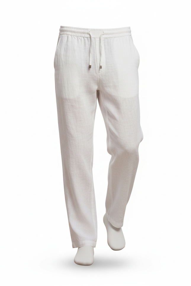 Pantalon En Lin Blanc Cordon Droit Décontracté Homme - vue 3