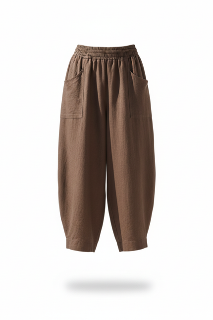 Pantalon En Lin Marron Ample Taille Élastique Décontracté Femme - vue 3