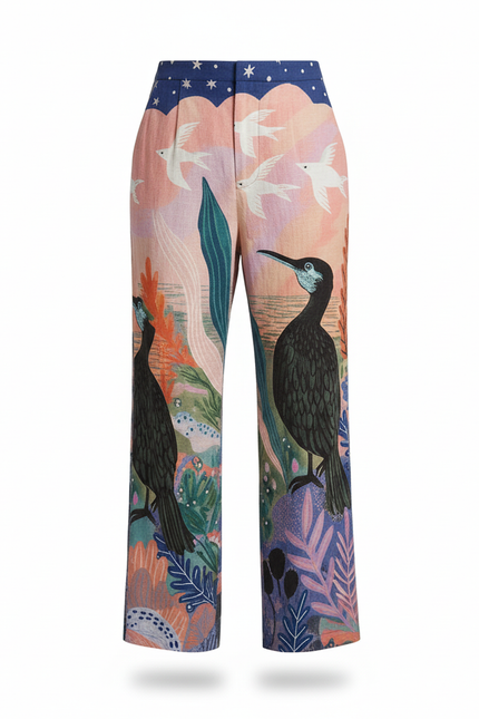 Pantalon En Lin Ample Imprimé Oiseaux Multicolore Estival - vue 3