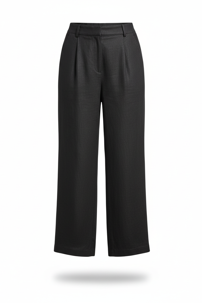 Pantalon En Lin Noir Ample Décontracté Taille Haute Femme - vue 3