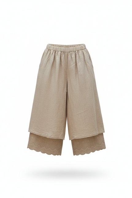 Pantalon En Lin Beige Ample Plissé Dentelle Fille - vue 3