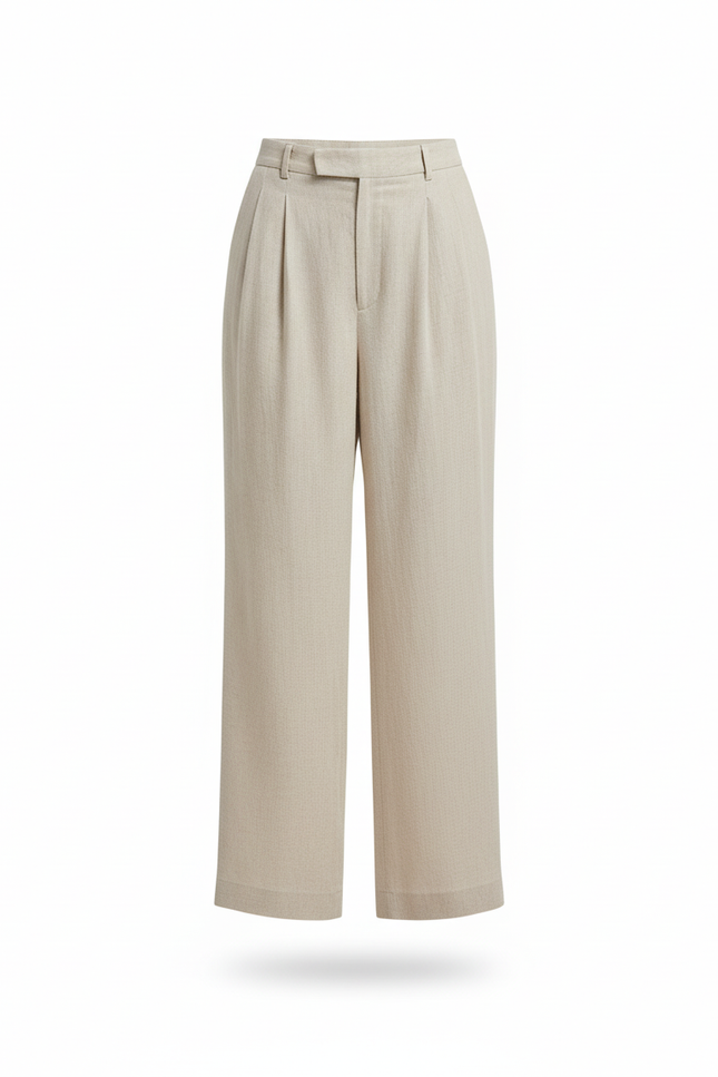Pantalon En Lin Beige Ample Confortable Plissé Femme - vue 3