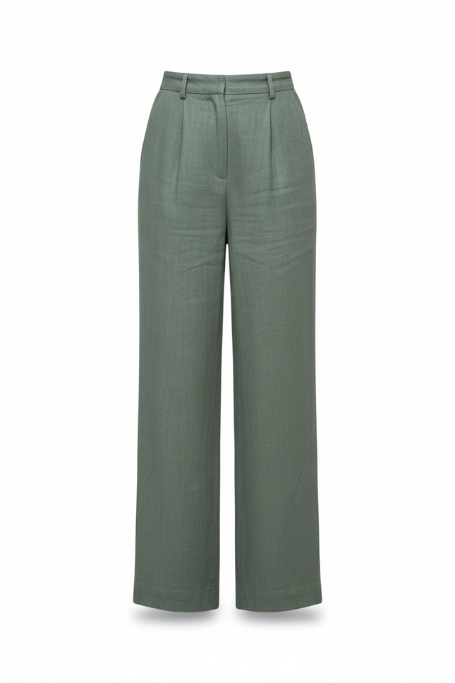 Pantalon En Lin Vert Ample Plissé Décontracté Fluide - Kaki - vue 3