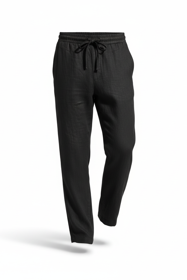 Pantalon En Lin Noir Ample Homme Décontracté Cordon - vue 3
