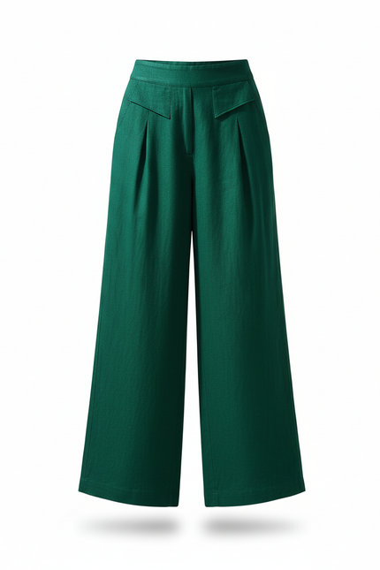 Pantalon En Lin Vert Ample Plissé Décontracté Femme - vue 3