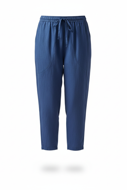 Pantalon En Lin Bleu Ample Taille Élastique Femme - vue 3